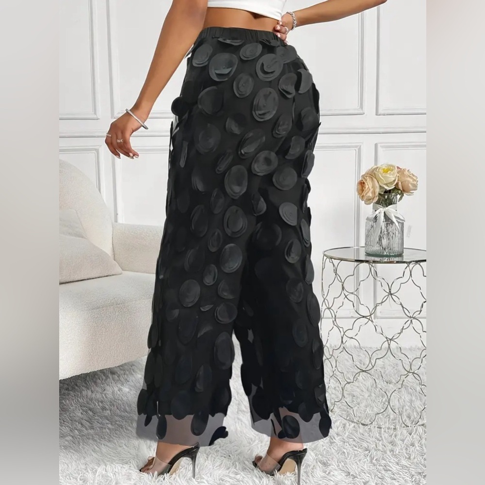 Circle Patched Wide Leg Solid Pants, Stylish High Waist Mesh Pants - Picture 2 of 4